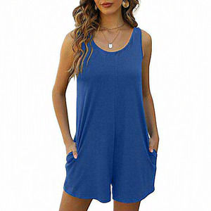 Women's Summer Casual Loose Tank Sleeveless Crewneck Romper with Pockets-XL Blue